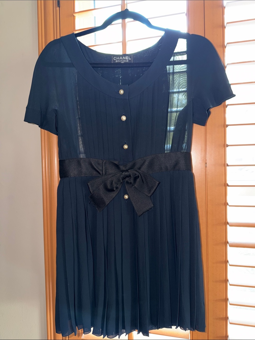 CHANEL Black Pleated Dress with Satin Waist Bow